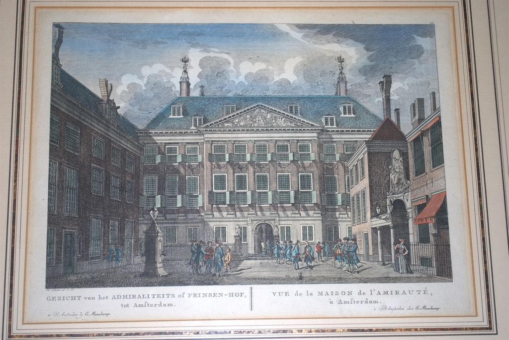 Amsterdam: Gezicht van het Admiraliteits of Prinsenhof -ingekleurde ets -1770/80 verkocht voor € 55!