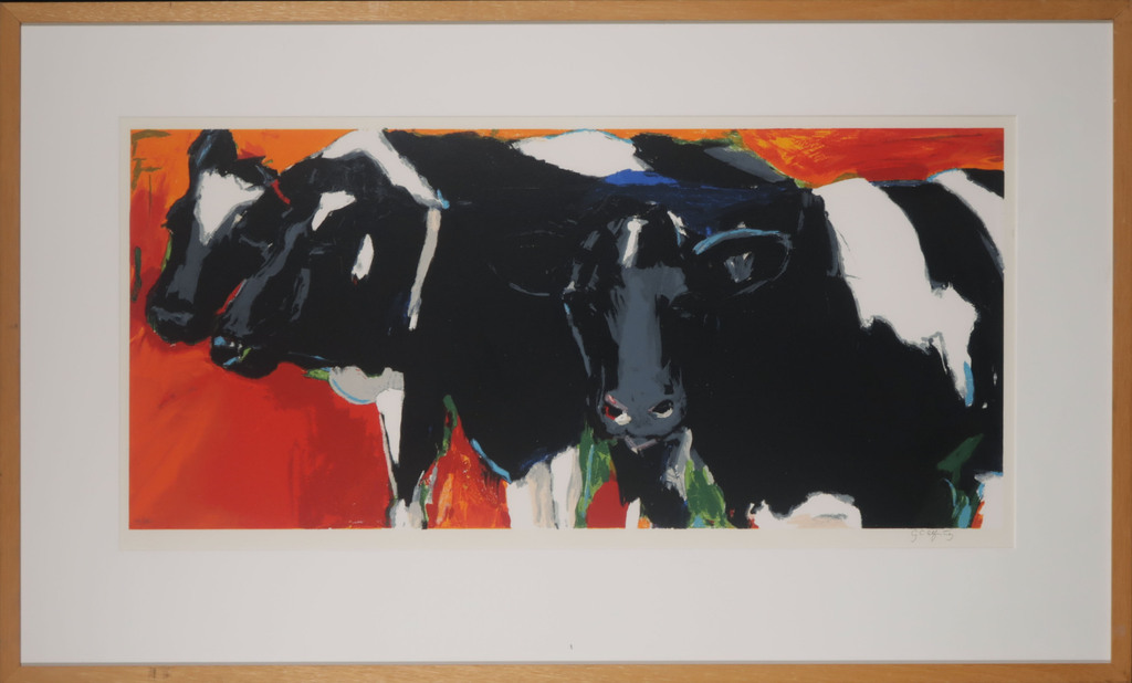 Gerda Elfring: Zeefdruk, Drie koeien - Ingelijst verkocht voor € 50!