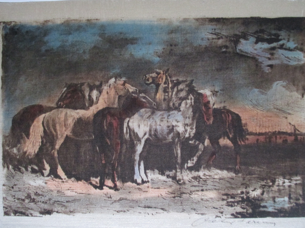 Handgekleurde ets gedrukt op zijde, onbekend gesigneerd, paarden kopen? Bied vanaf 1!