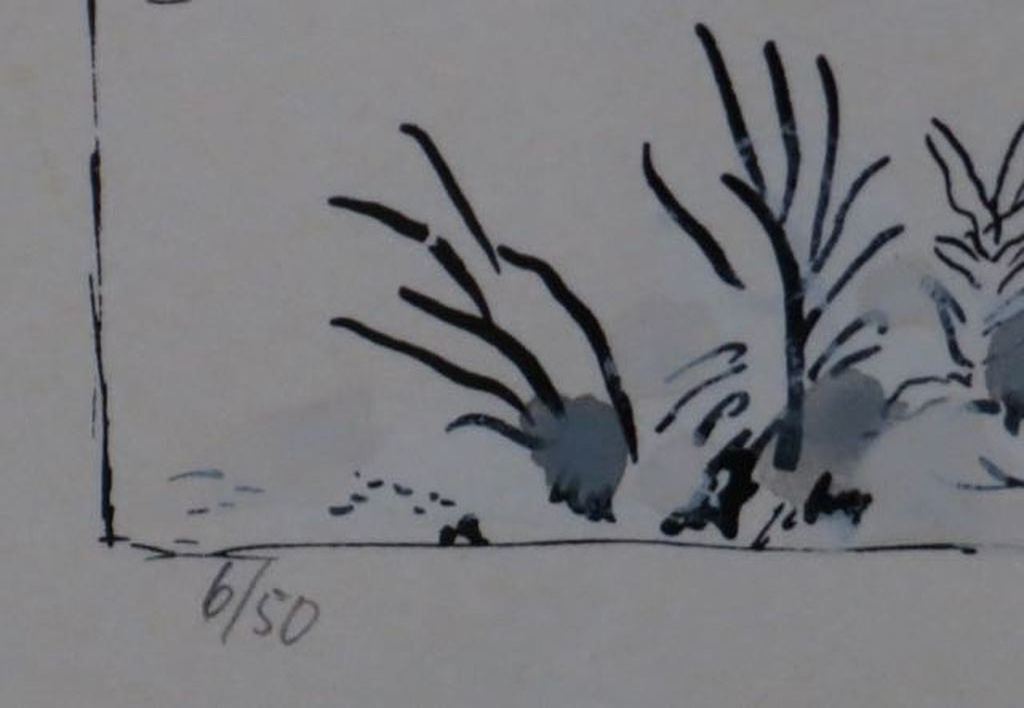 Pieter Holstein: Handgekleurde ets, Landschap met blauwe piramide-Ingelijst kopen? Bied vanaf 60!