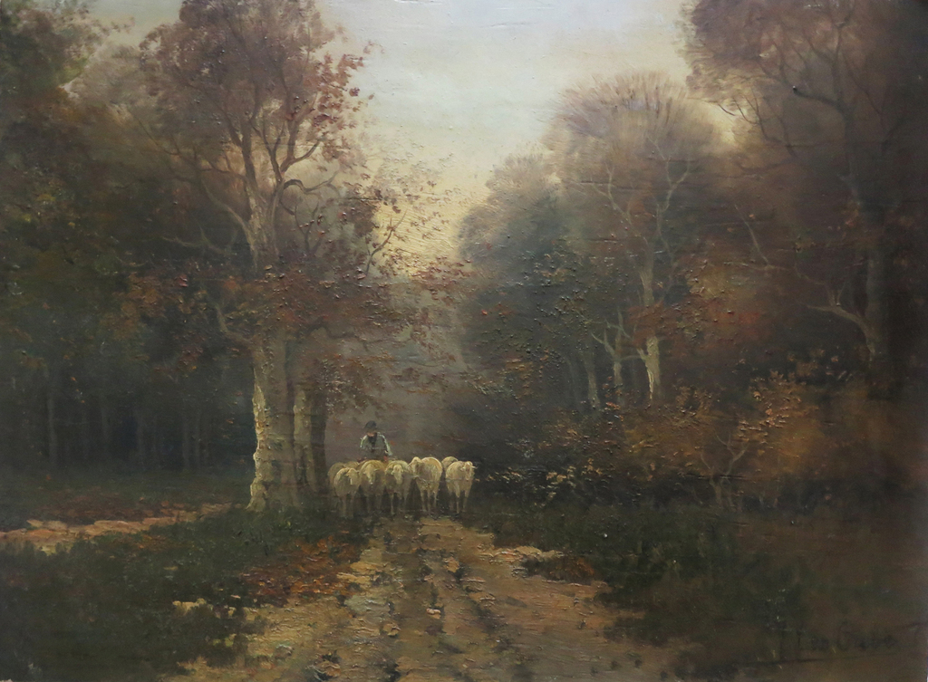 Hendrik Jan ten Cate, Boslandschap met kudde schapen, olieverf op eiken paneel kopen? Bied vanaf 60!