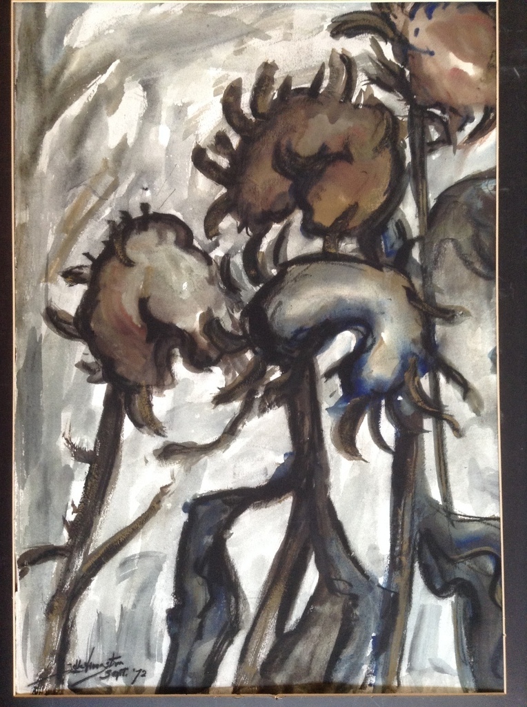 Jelle Hoogstra, uitgebloeide zonnebloemen, gemengde techniek op papier 50/70 kopen? Bied vanaf 25!