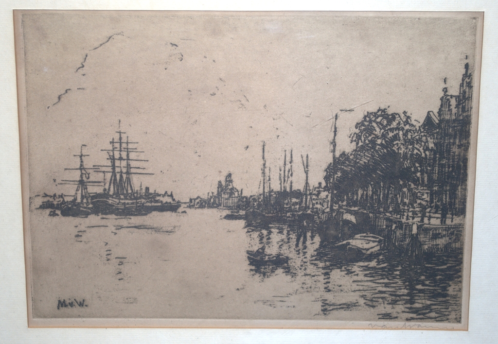 Haven met schepen en Poort - 2 etsen, 1 fraai ingelijst kopen? Bied vanaf 25!