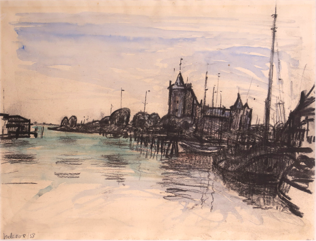 Henk de Vos: Aquarel en houtskool op papier, Muiderslot - Ingelijst kopen? Bied vanaf 1!