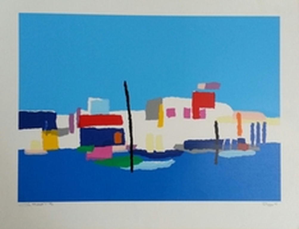 Gerard 't Hart: zeefdruk op papier, titel: "spaans dorpje" verkocht voor € 40!