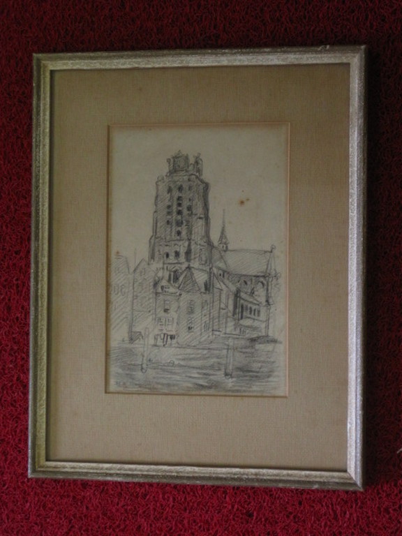 Originele 1910 potloodtekening "Dordrecht Grote kerk" Hend.D Schildt gesigneerd  kopen? Bied vanaf 1!