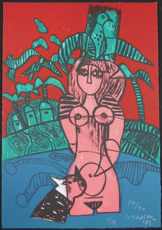 Corneille: Litho, Z.T. vrouw met poes en vogels kopen? Bied vanaf 70!