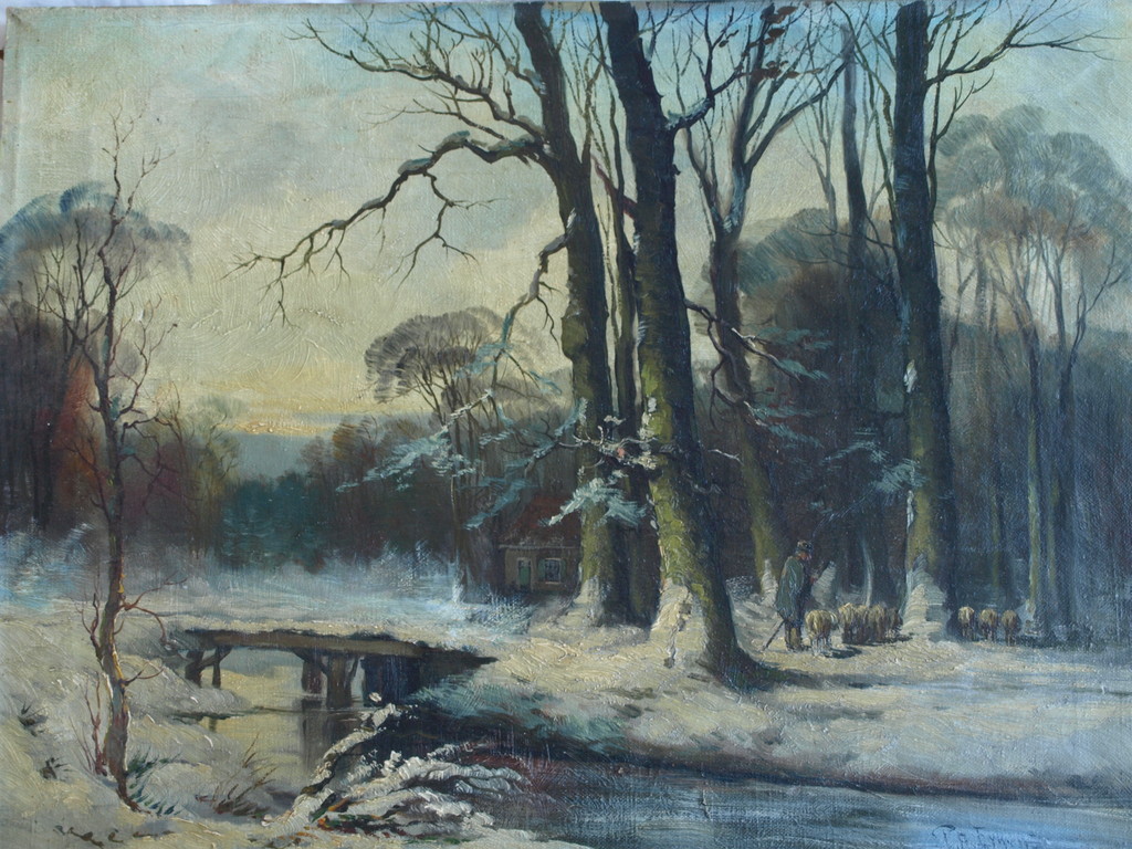 Onduidelijke signatuur : Olieverf op doek – Bosgezicht in de winter  kopen? Bied vanaf 50!