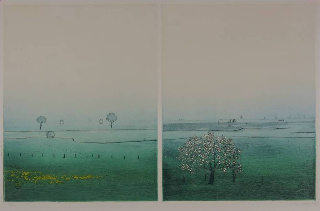 Elmar Gille, Ets en aquatint, Landschap met bloesem verkocht voor € 40!