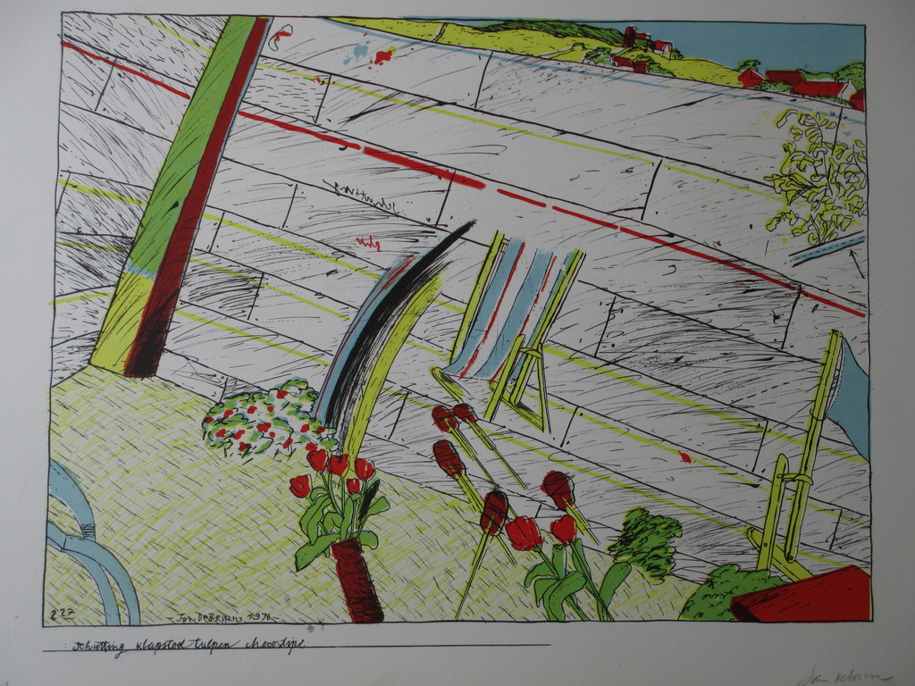 Jan de Bruin - Schutting, Klapstoel, Chocodips, Tulpen - Kleurenlitho kopen? Bied vanaf 35!