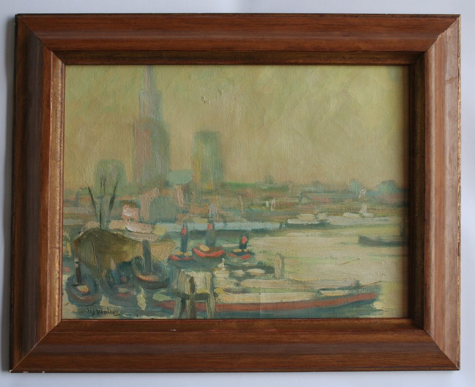 Olieverf op papier (marouflé) / board - havengezicht - gesigneerd kopen? Bied vanaf 1!