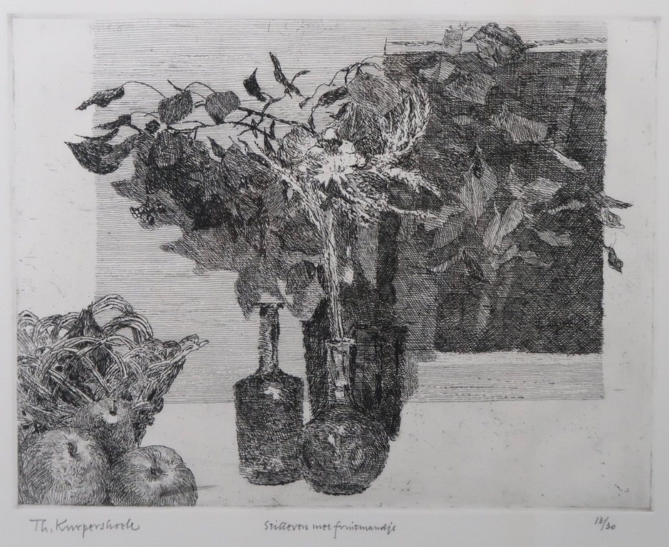 Theo Kurpershoek: Ets, Stilleven met fruitmandje - Ingelijst kopen? Bied vanaf 1!