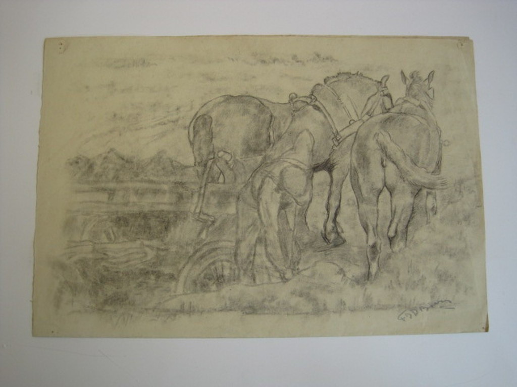 Larense School Frans Boers 1914-1987 tekening "boer en paarden" ca. 1950 kopen? Bied vanaf 1!