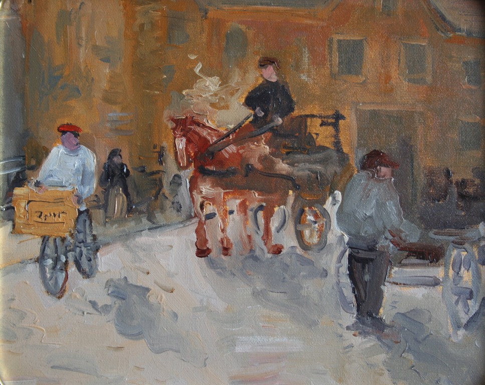 Marouflé olieverfschilderij, stads tafereel rond 1900 kopen? Bied vanaf 1!