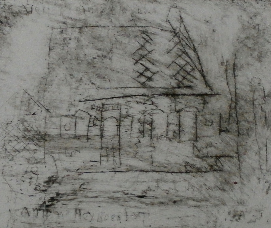 Anton Heyboer - ingelijste ets: huis - 1987 verkocht voor € 195!