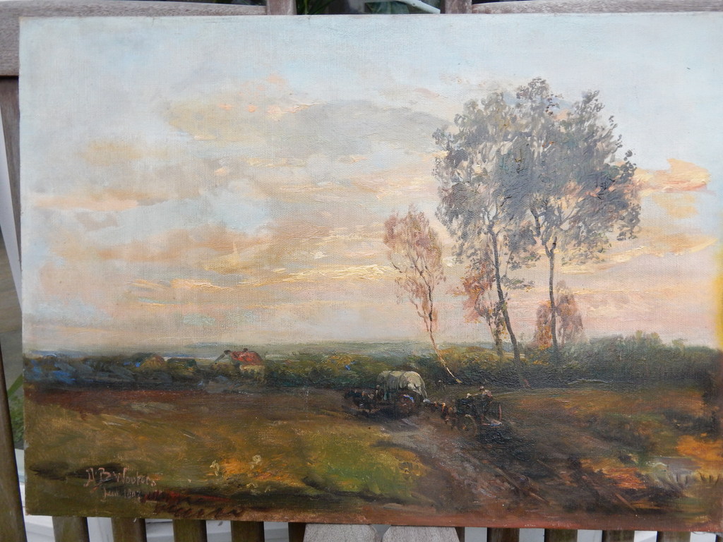 A.J.B.Wouters,olieverf op linnen, paard en wagens in landschap kopen? Bied vanaf 100!