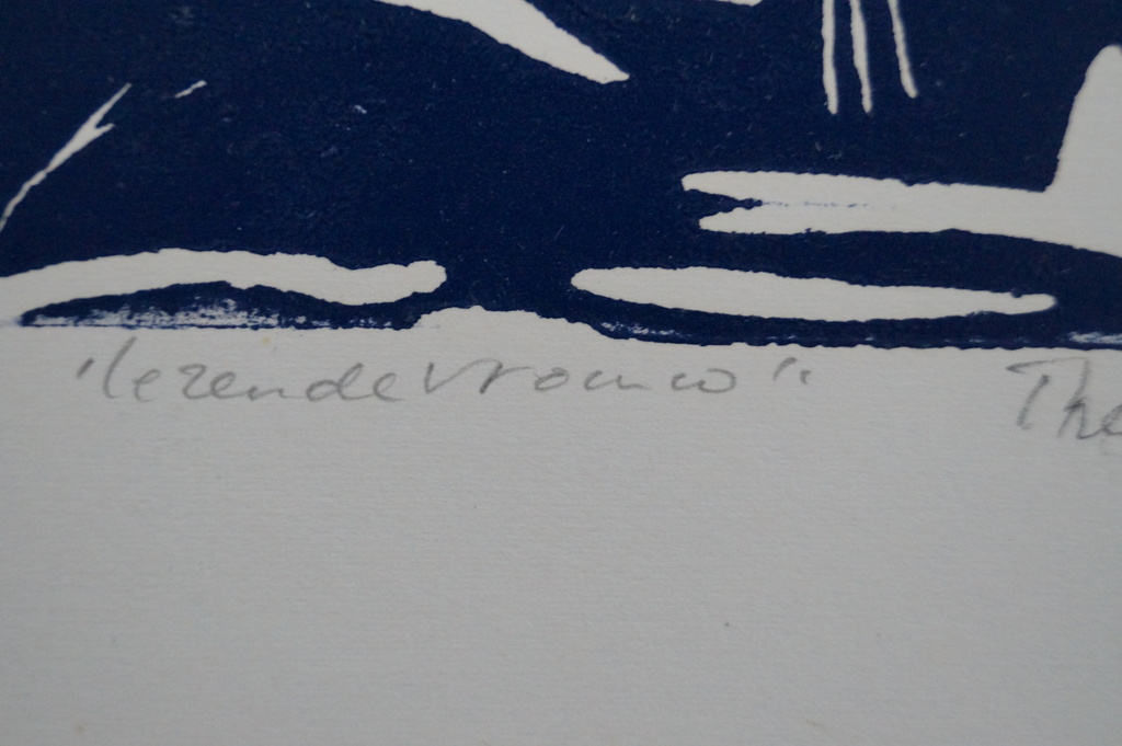 Thea van Doorn - gesigneerde linosnede - lezende vrouw  kopen? Bied vanaf 15!