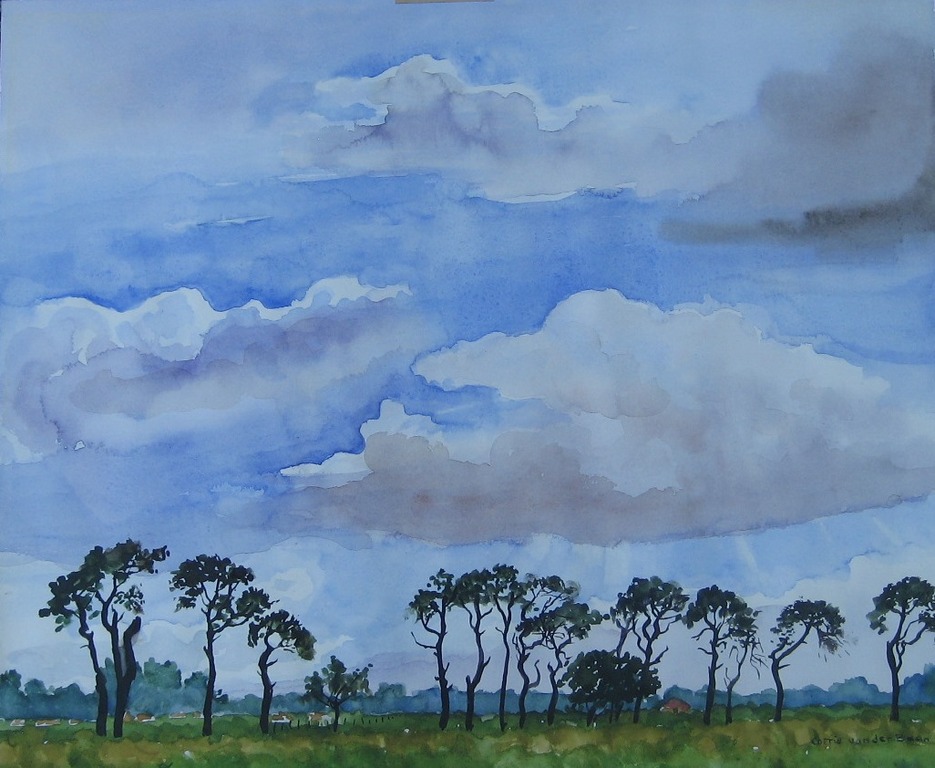 Corrie Van Der Baan Twee maal aquarel,Landschap met bomen en Heuvellandschap kopen? Bied vanaf 1!