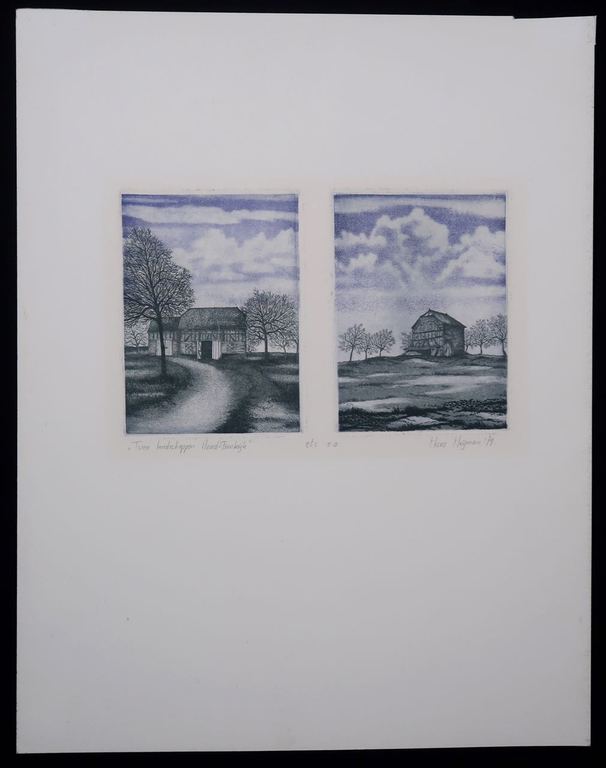 Hans Heijman: Ets, Twee landschappen Noord Frankrijk kopen? Bied vanaf 1!