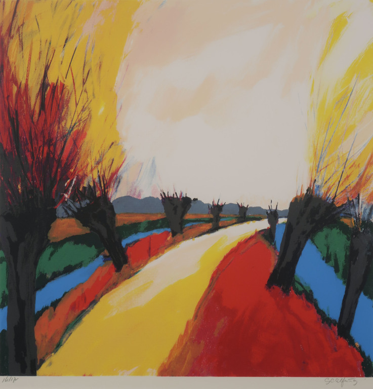 Gerda Elfring: Zeefdruk, Landschap met wilgen - Ingelijst kopen? Bied vanaf 50!