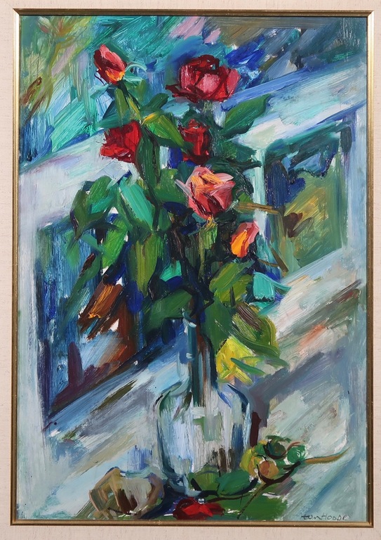 Bob ten Hoope: Olieverf op paneel, Vaas met rozen - Ingelijst kopen? Bied vanaf 260!