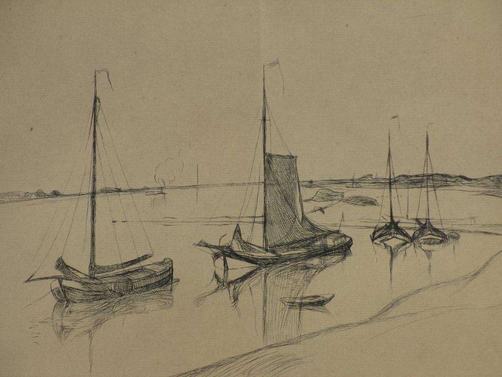 Antoon Derkzen van Angeren, Schepen op de rivier, Ets  kopen? Bied vanaf 40!