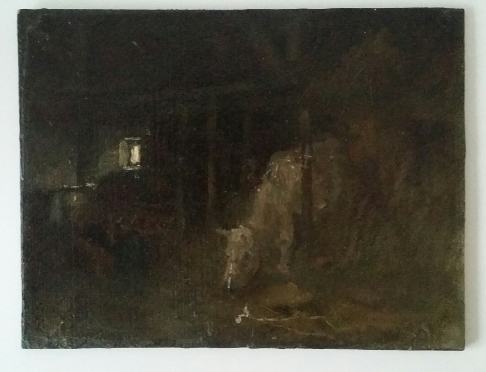 Onbekend. Olieverf op board. Koe in stal. verkocht voor € 39!