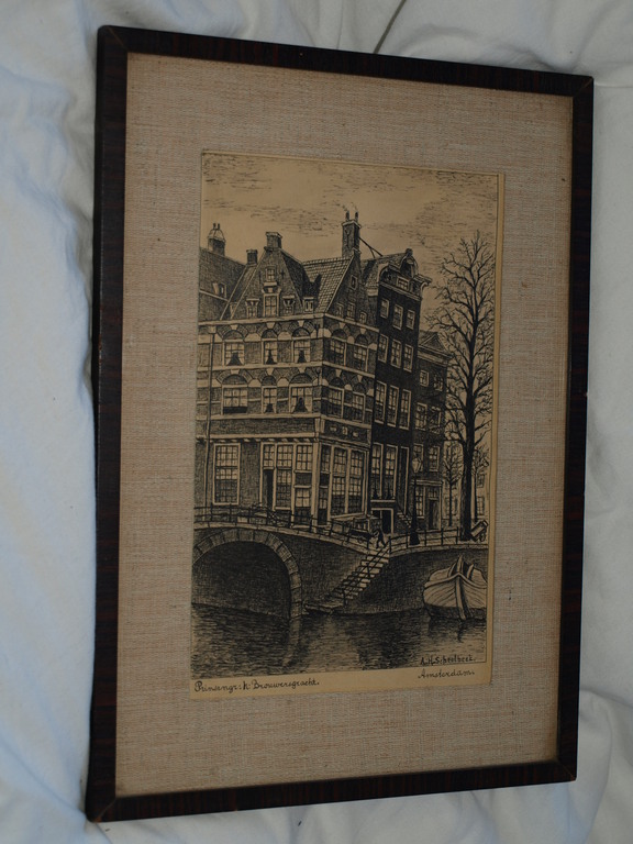 A.H. Scheeland – Pentekening, Prinsengracht Amsterdam–Gesigneerd & ingelijst-Oud kopen? Bied vanaf 30!