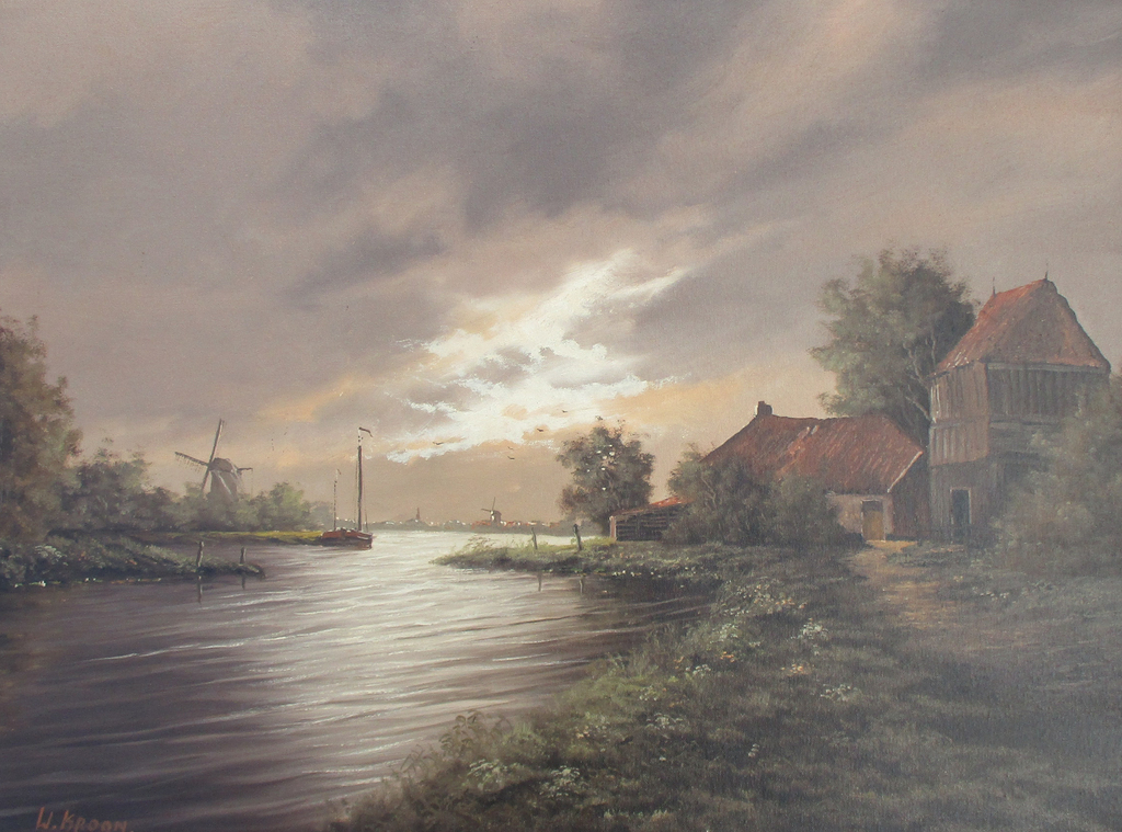 Willem Kroon: Olieverf op doek, Hollands landschap verkocht voor € 85!