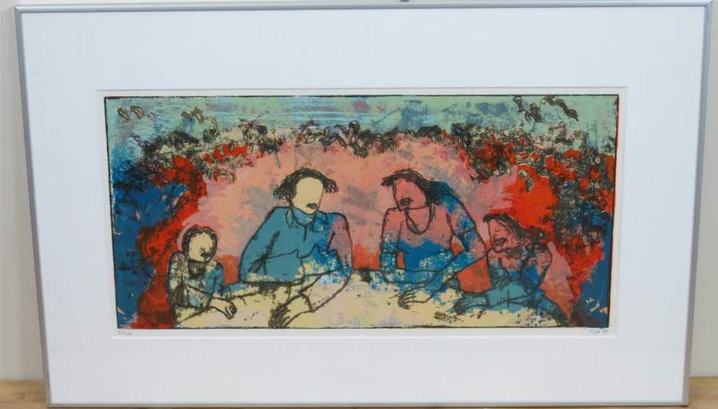 Sjer Jacobs: Zeefdruk, Aan tafel - Ingelijst kopen? Bied vanaf 80!