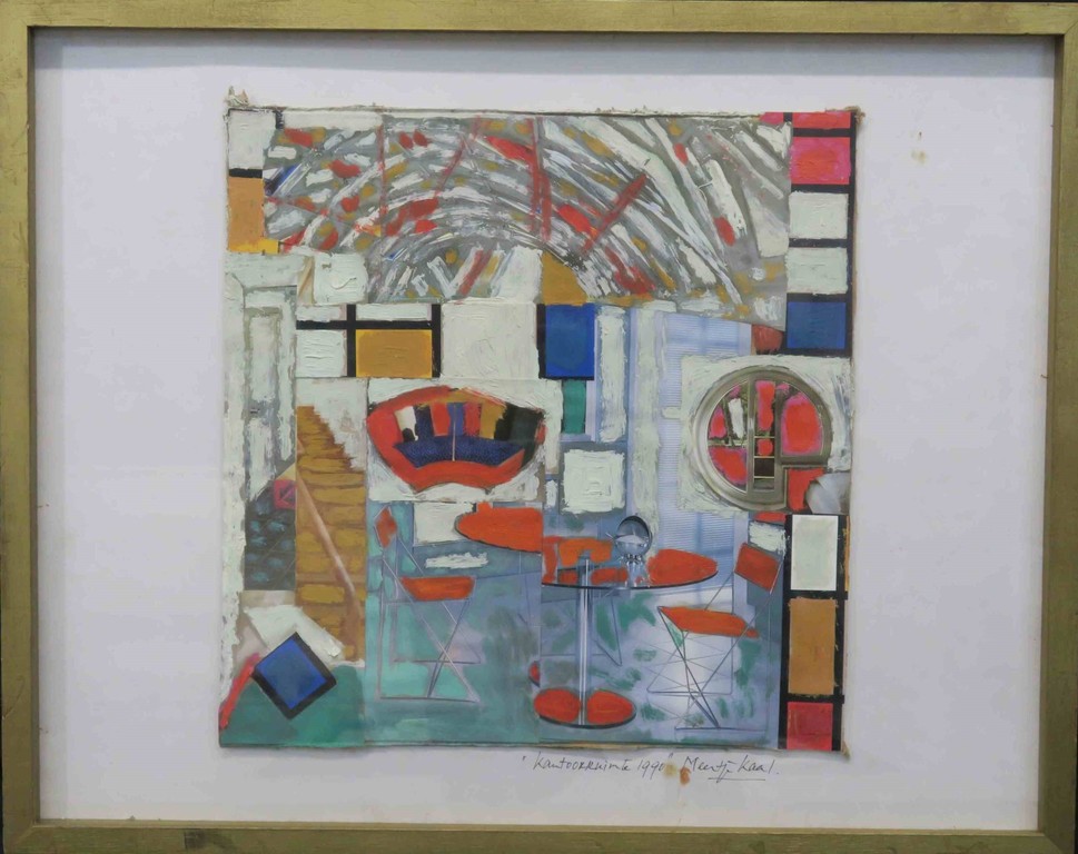 Meertje Kaal: Acryl en Collage op karton, Kantoorruimte 1990 - Ingelijst kopen? Bied vanaf 1!