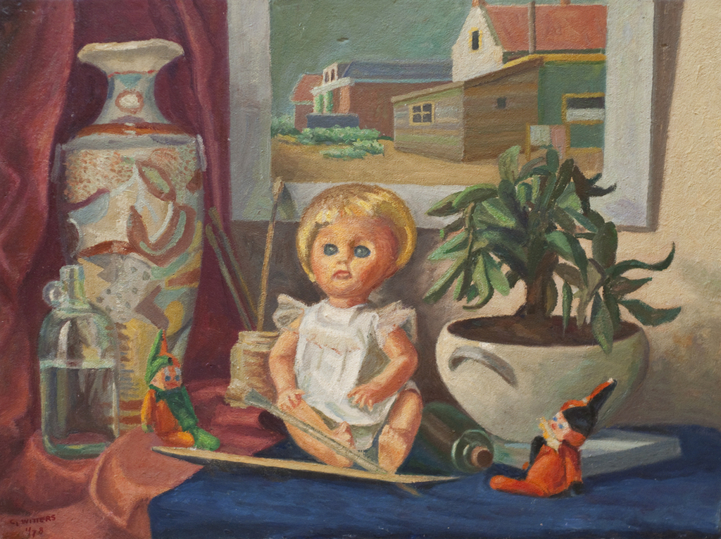 C.W.J. Witters, olieverf op board, Stilleven met pop verkocht voor € 65!