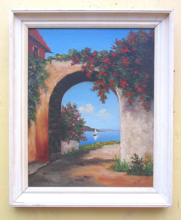 N. Okel: Olieverf op boardkarton, Mediterraan doorkijkje met zeilboot kopen? Bied vanaf 1!