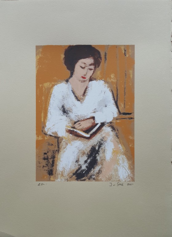 Dame met boek - gesigneerde zeefdruk op papier  kopen? Bied vanaf 40!