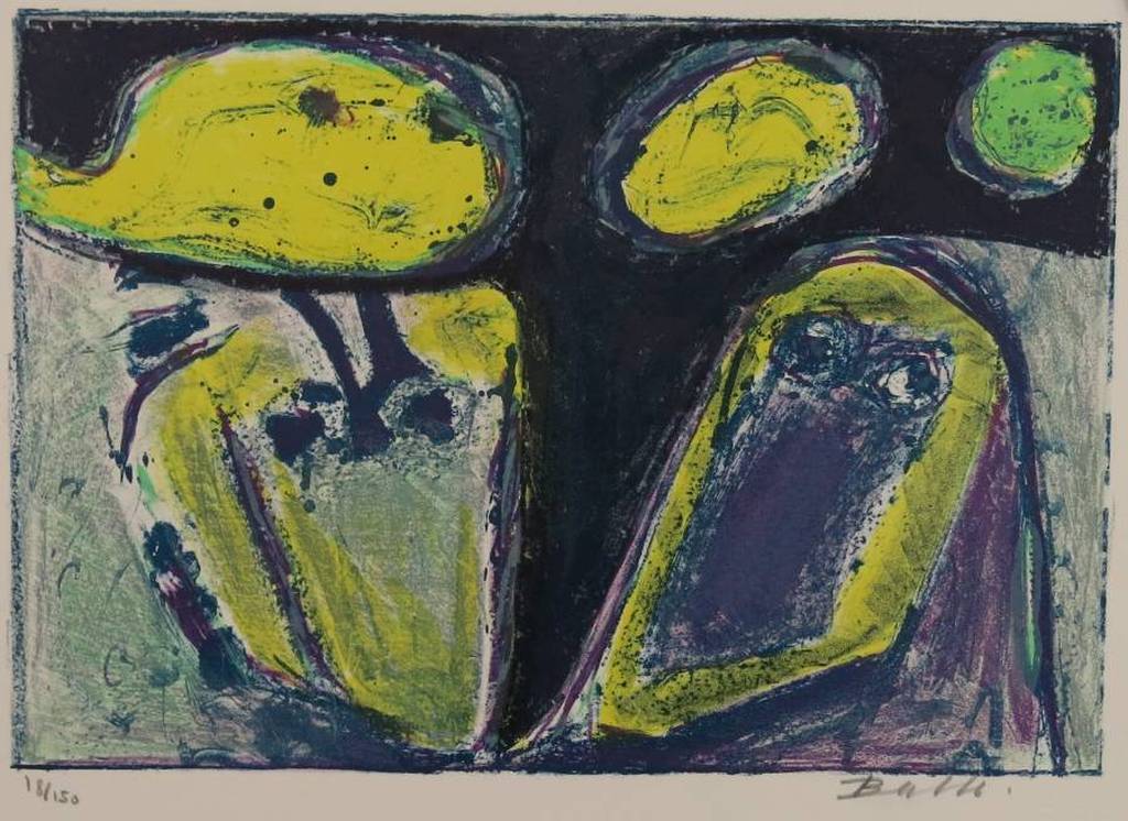 Mogens Balle: Kleurenlitho, Figuren paars/geel (CoBrA) verkocht voor € 80!