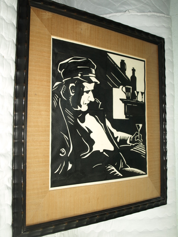 Grote inkttekening - Man drinkt een glas – gesigneerd F.D.H. – 1932 - Ingelijst kopen? Bied vanaf 65!