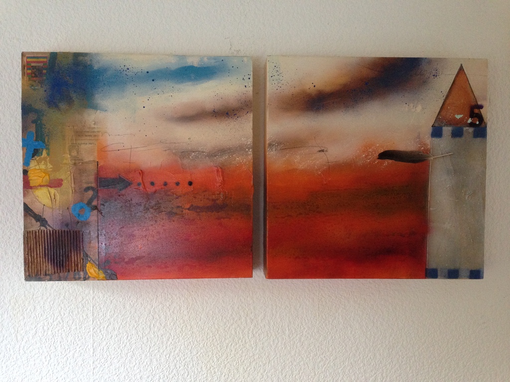 theo koster, gemengde techniek op linnen, titel; home is were my heart is verkocht voor € 350!