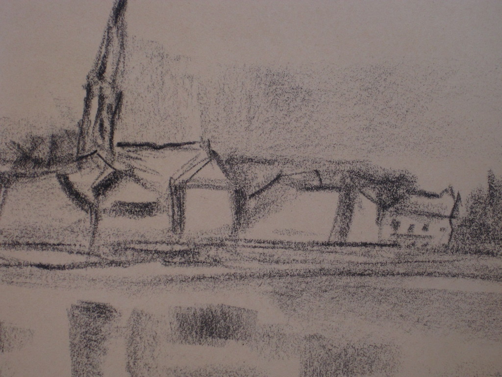 Zeldzaam figuratieve houtskooltekening "dorp aan rivier" gesigneerd AvdV kopen? Bied vanaf 1!