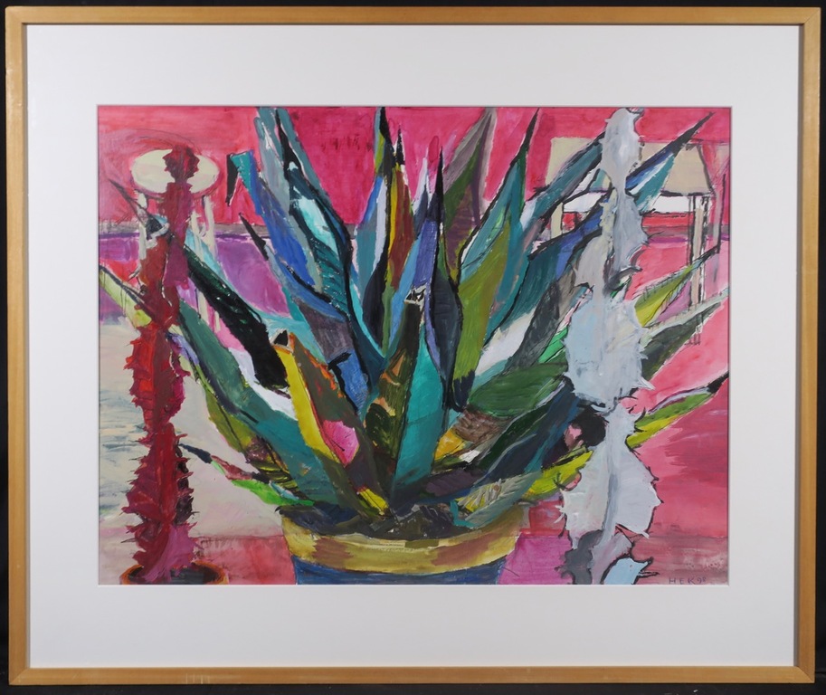 Hans Ebeling Koning: Acryl en pen op papier, Agave en tafel - Ingelijst verkocht voor € 100!