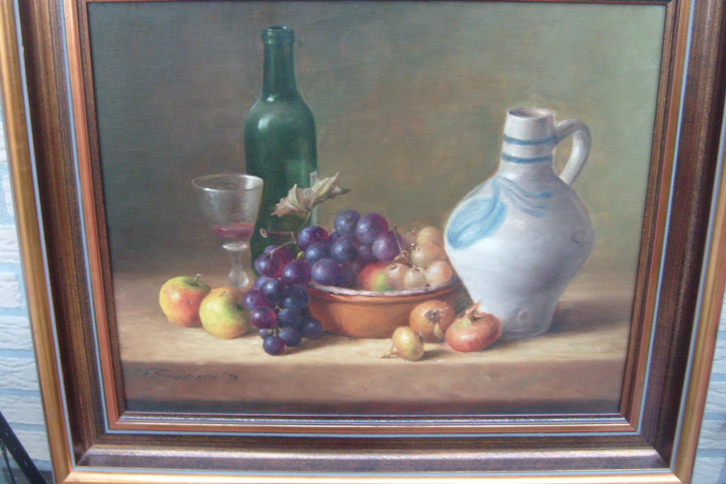 Fred Smoolenaerts, stilleven op linnen, fruit,uien,fles,glas, en Keulse kan kopen? Bied vanaf 500!