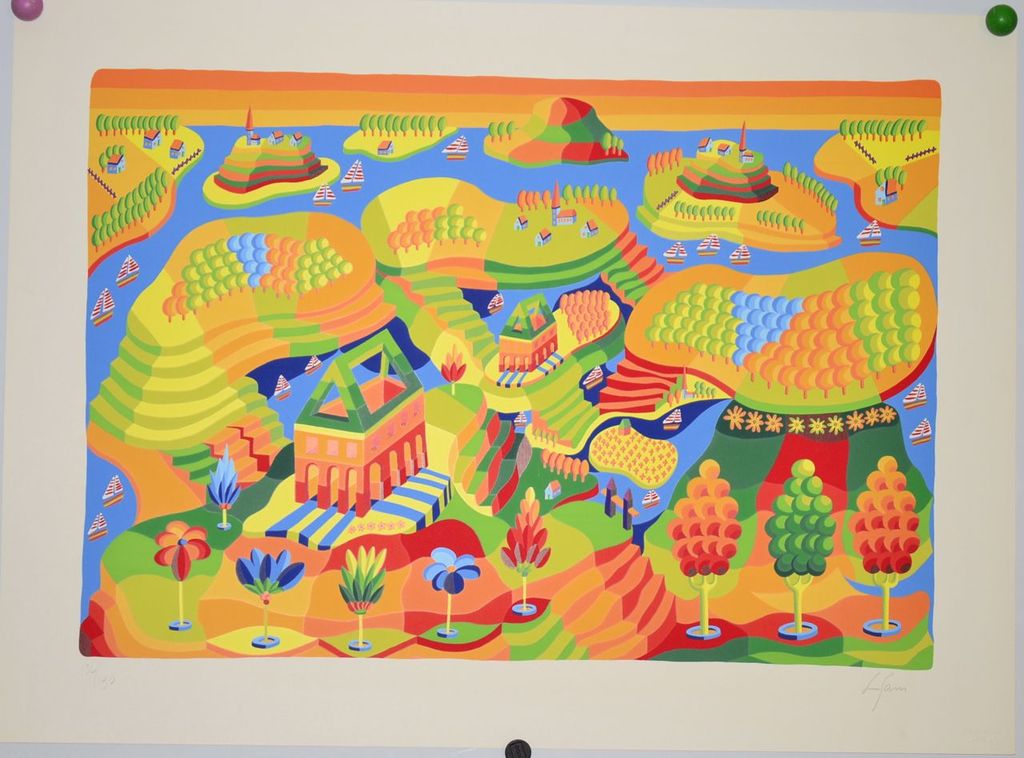 Louis Gans: litho. Kleurrijk landschap verkocht voor € 50!