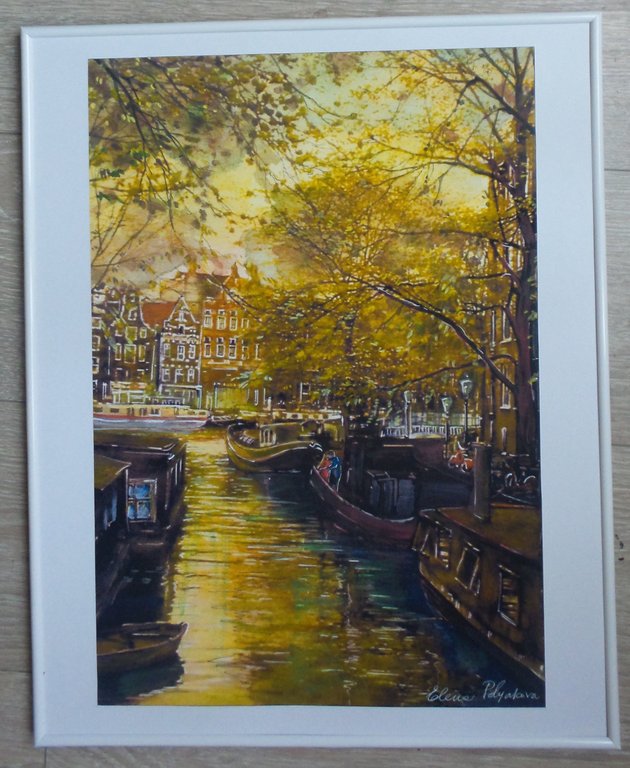 Elena Polyakova (21e eeuw)  - Amsterdamse grachten -Gemengde techniek op karton kopen? Bied vanaf 100!
