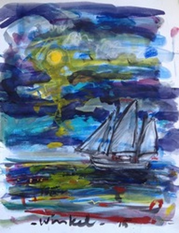 ARIEN WINKEL   ZEILBOTEN    Gemengde techniek op zwaar papier  Handgesigneerd. kopen? Bied vanaf 45!