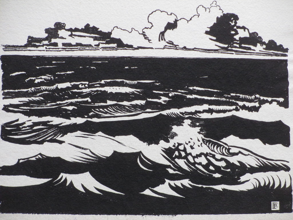 Frederik Pinke, Golfslag voor de kust, Linosnede kopen? Bied vanaf 35!