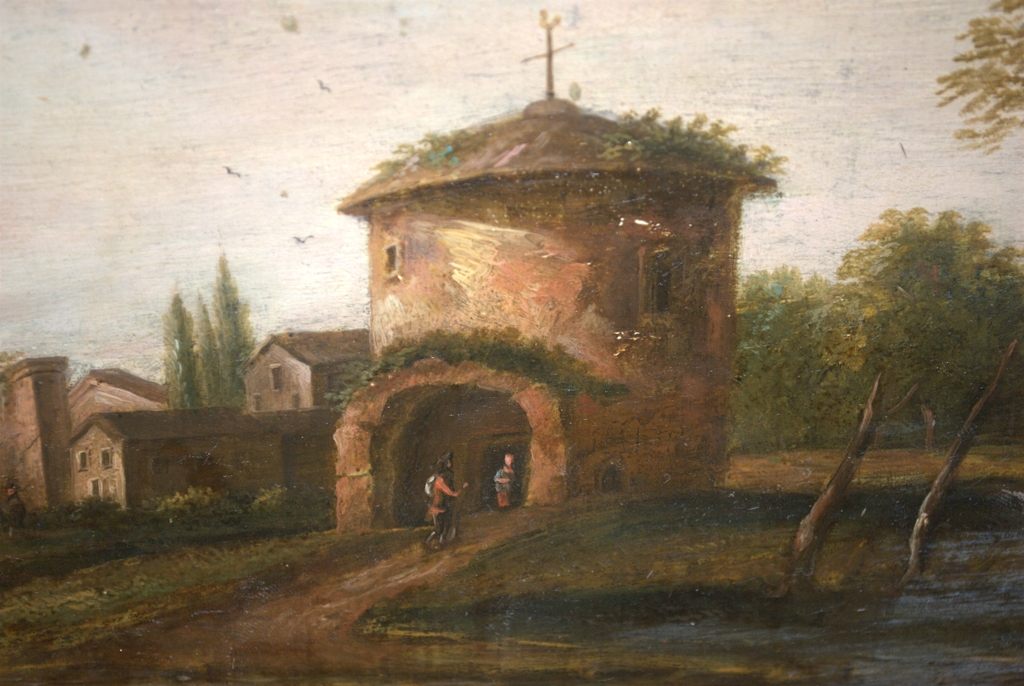 19e eeuws paneel waterlandschap met ruiter en vissers/olieverf/ingelijst kopen? Bied vanaf 75!