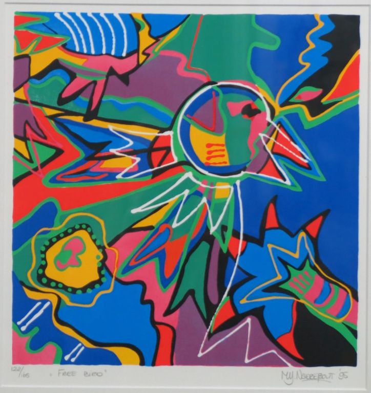 Marianne Naerebout: Zeefdruk, Free bird - Ingelijst verkocht voor € 50!