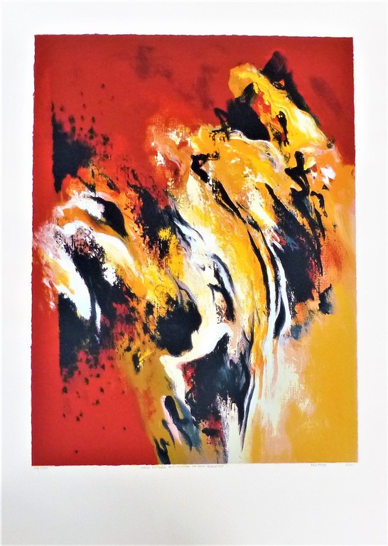 Mattie schilders,Gele rotsen als wolken om een bergtop,Handgesigneerd.. verkocht voor € 45!