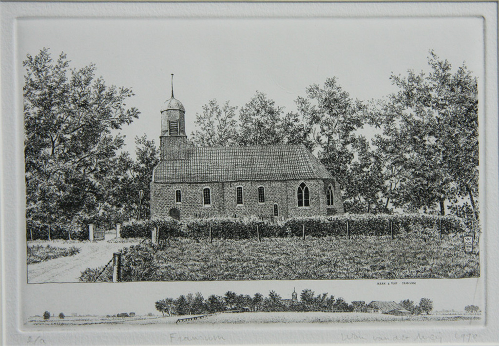 Wim van der Meij, ets, kerk en terp Fransum verkocht voor € 45!