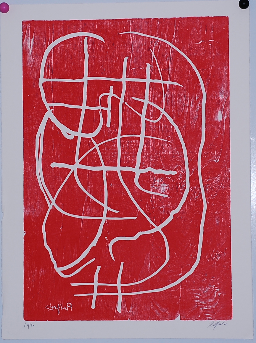 Robert Jacobsen: Houtsnede groot formaat. Compositie in rood verkocht voor € 100!