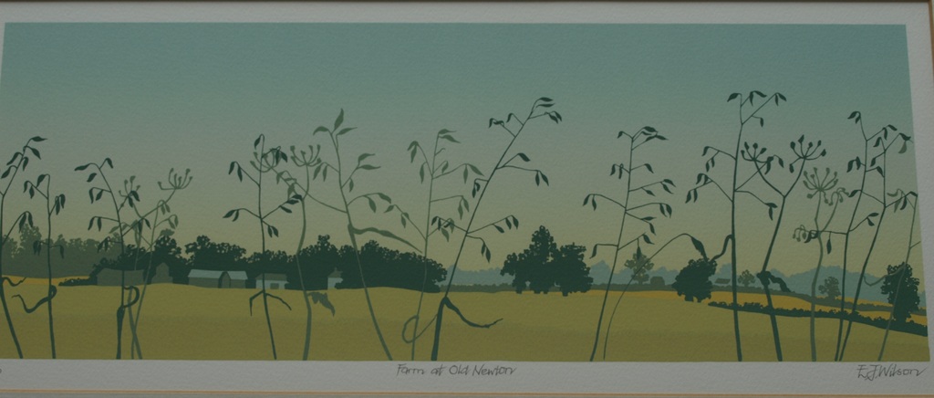 Onbekende kunstenaar: Zeefdruk – Farm at Old Newton – Gesigneerd & ingelijst verkocht voor € 35!